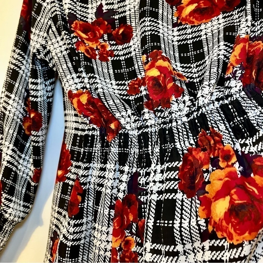 Anthropologie Black White Floral Plaid Long Puff Sleeve Sheer Peasant Blouse Top - Picture 8 of 9